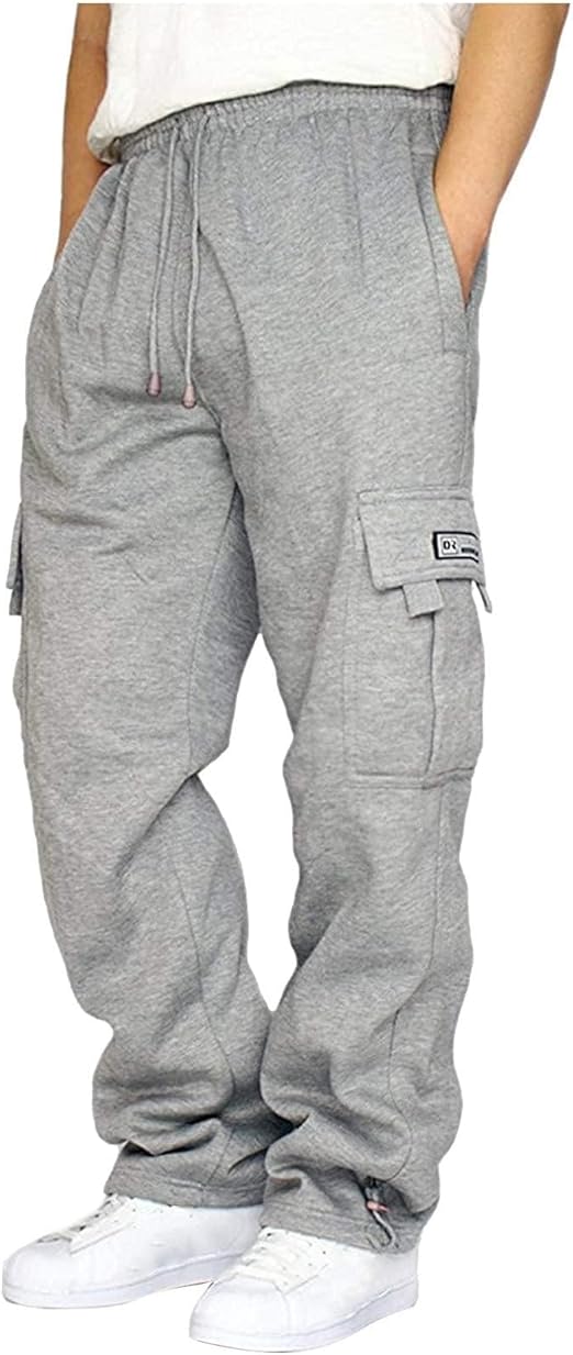 Men's Cargo Sweatpants Casual Fleece Joggers Loose Fit Open Bottom Athletic Pants for Men with Pockets