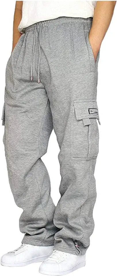 A WATERWANG Men's Cargo Sweatpants Casual Fleece Joggers Loose Fit Open Bottom Athletic Pants for Men with Pockets