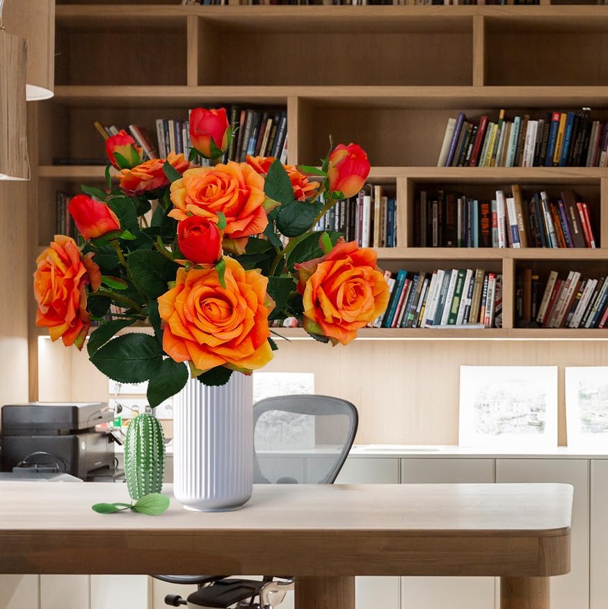 ATFL Fake Sunset Red Flowers, 6 Pcs Faux Silk Real Touch Moisturizing Artificial Rose Flowers for Wedding Decor,Flores Irosas Artificiales para Decoracion(6, Orange) - Image 7