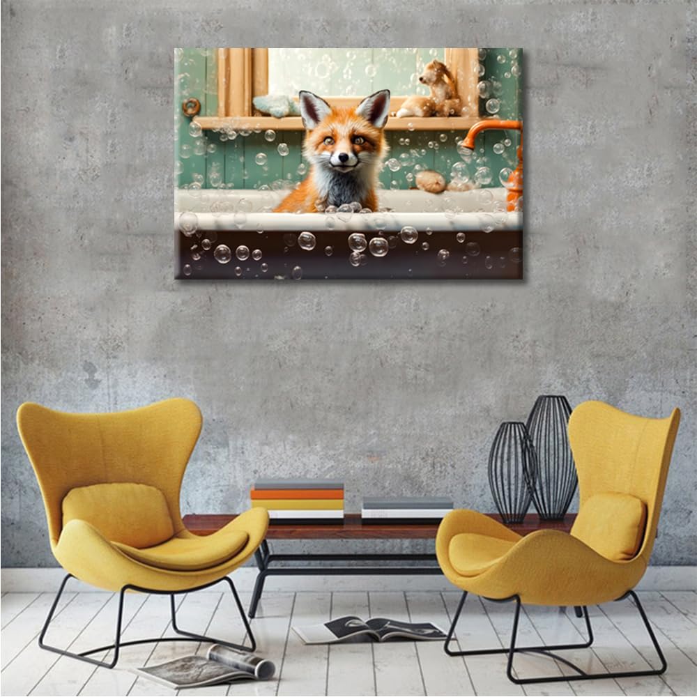 Bathtub Animal Fox Wall Decor Fox Takes a Bath in the Bathtub Bathroom Wall Art Canvas Paintings Boho Canvas Pictures Artwork Modern Home Decor Posters & Prints Framed Ready to Hang (16"Wx24"H) - Image 3