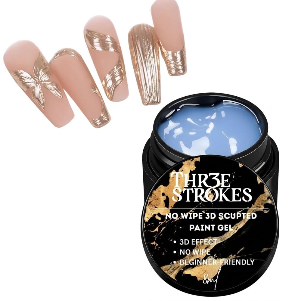 THR3E STROKES No Wipe 3D Sculpting Gel for Nails, UV LED Cured Solid Builder Gel for Chrome Powder, Rhinestone Application and Nail Art Painting, 8ml (ROUND DABBA)-image-22