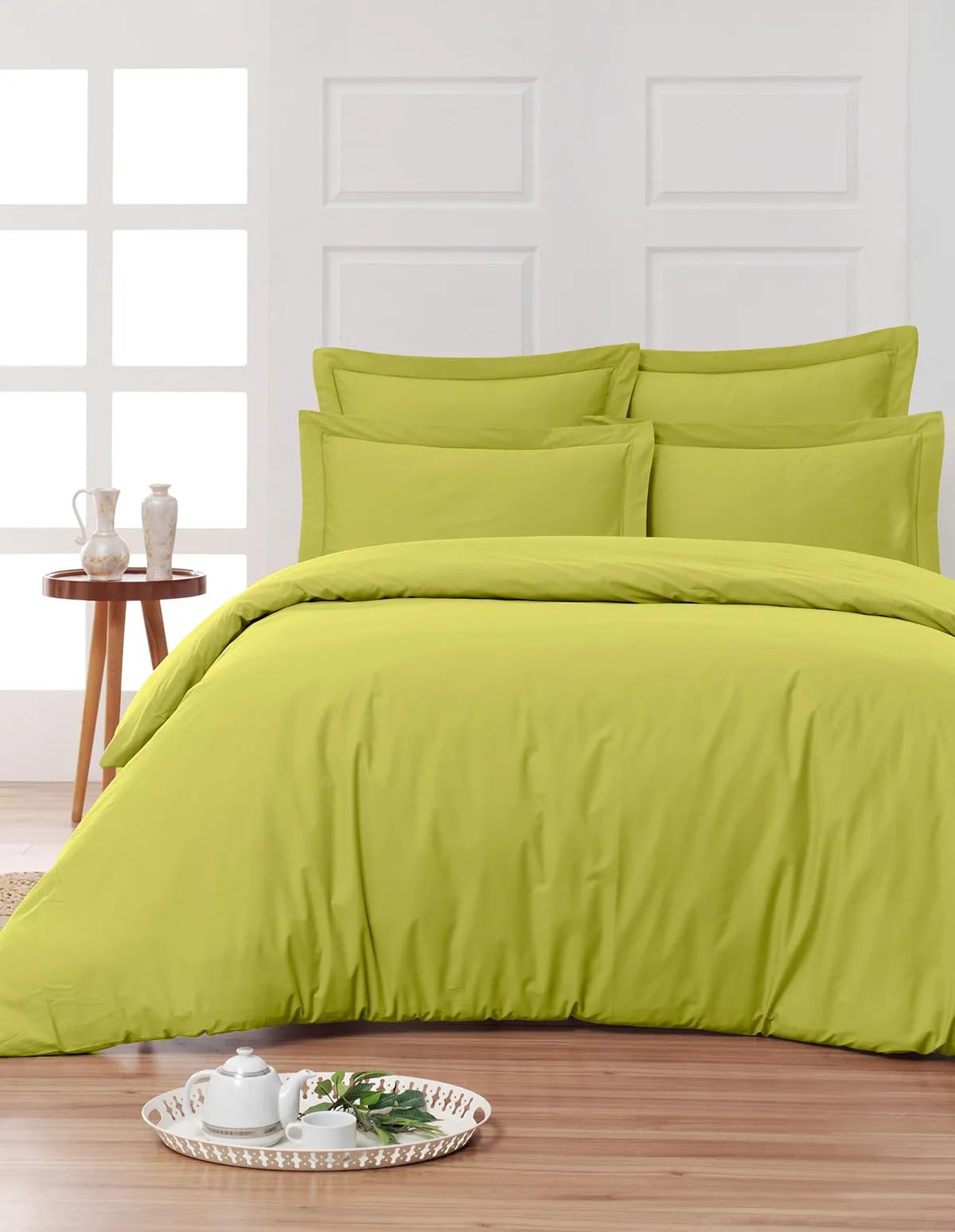 Générique Parure DE LIT 5 Pieces Unie en pour Un lit 2 Personnes 160 x 200 cm 1 Drap Housse + 1 Drap Plat +2 taies d'oreiller 50 x 70 cm + 1 taie de traversin 100% Coton 57 Fils Haute Qualite (Vert)