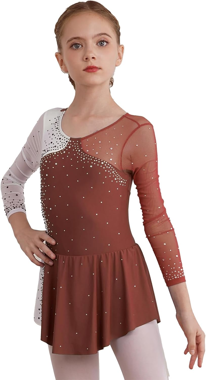 Kids Girls Long Sleeve Mesh Splice Shiny Ice Skating Dress Sequined Ballet Dance Leotards Performance Costume