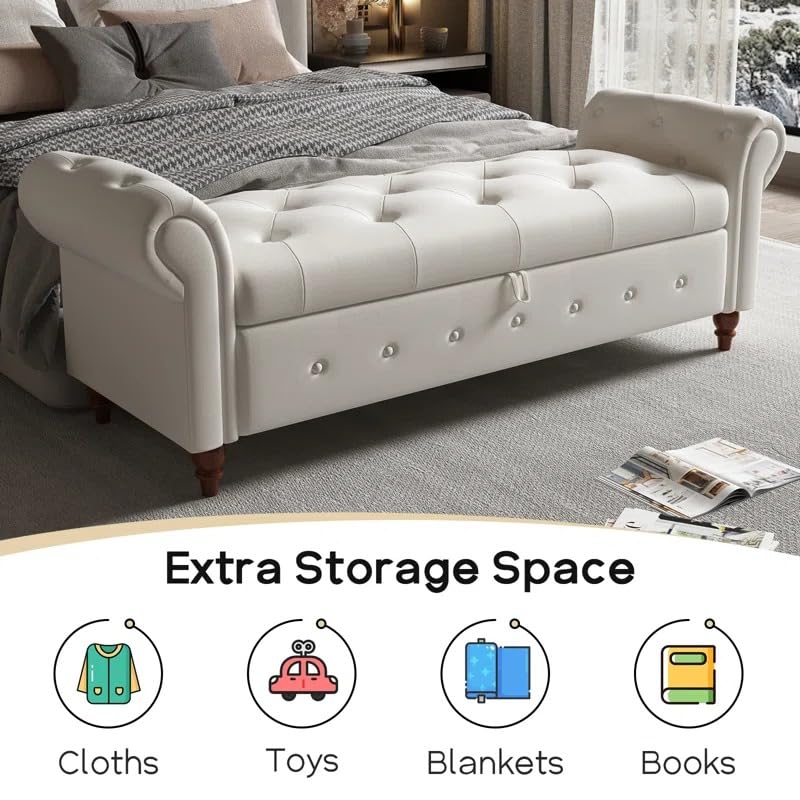 Image of LEGACY OF COMFORT F4 Velvet Upholstered Storage Bench Ottoman 2 Seater Sofa Chaise Lounger or Living Room Bedroom Office (Beige Velvet)