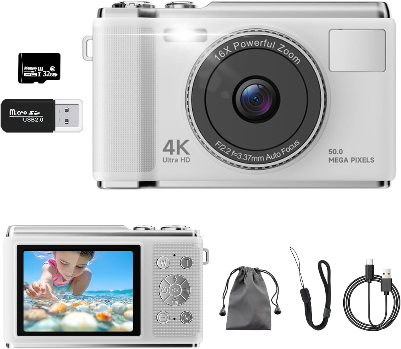 4K Digital Camera, Real 50MP Vlogging Camera with 32G TF Card, 16x Zoom, AF Auto Focus, Anti-Shake Display, 2.83 Inch LED Display, Flash, Camera