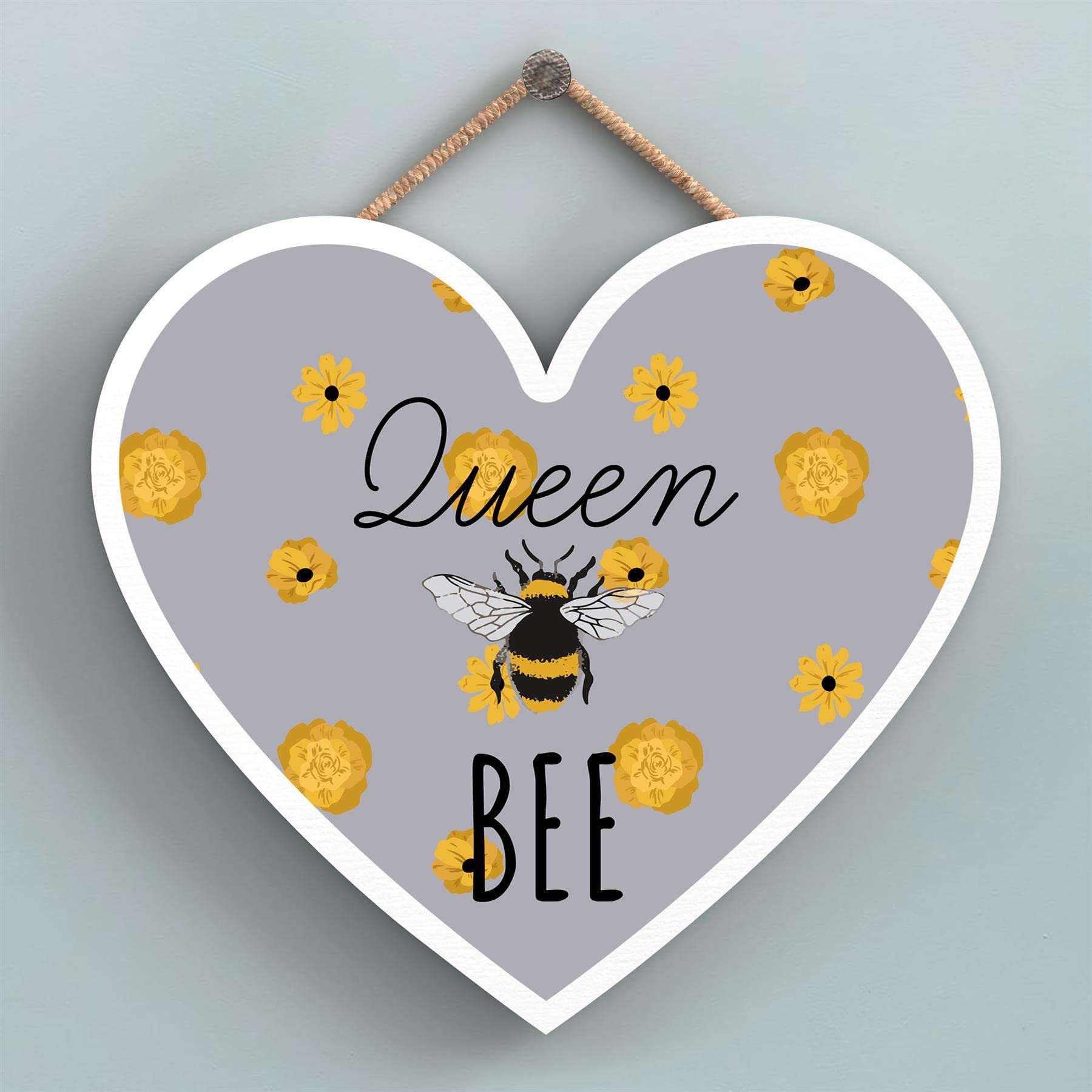 Global Designs Queen Bee Grey Bee Themed Decorative Wooden Heart Shaped Hanging Plaque
