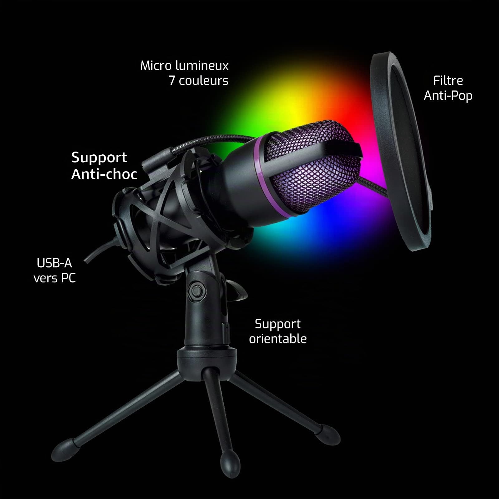 MC-30 Microphone de Streaming - USB – Réduction de Bruit – Support Antichoc – Filtre Anti-Pop – Trépied Réglable - Streaming, Enregistrement, Communication en Ligne, Gaming