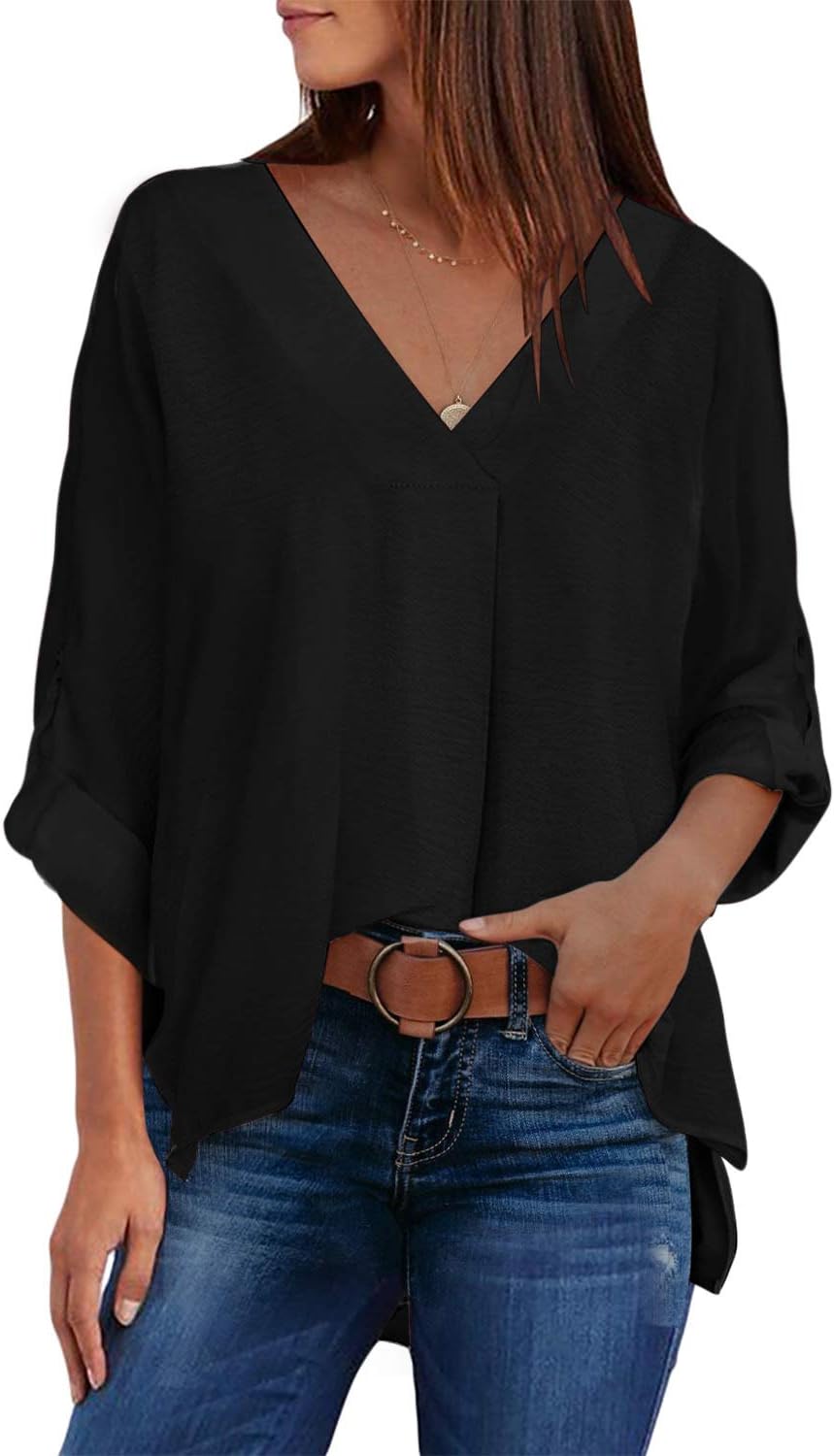 Womens V-Neck Bell Sleeve High Low Tunic Tops Chiffon T-Shirt Blouse
