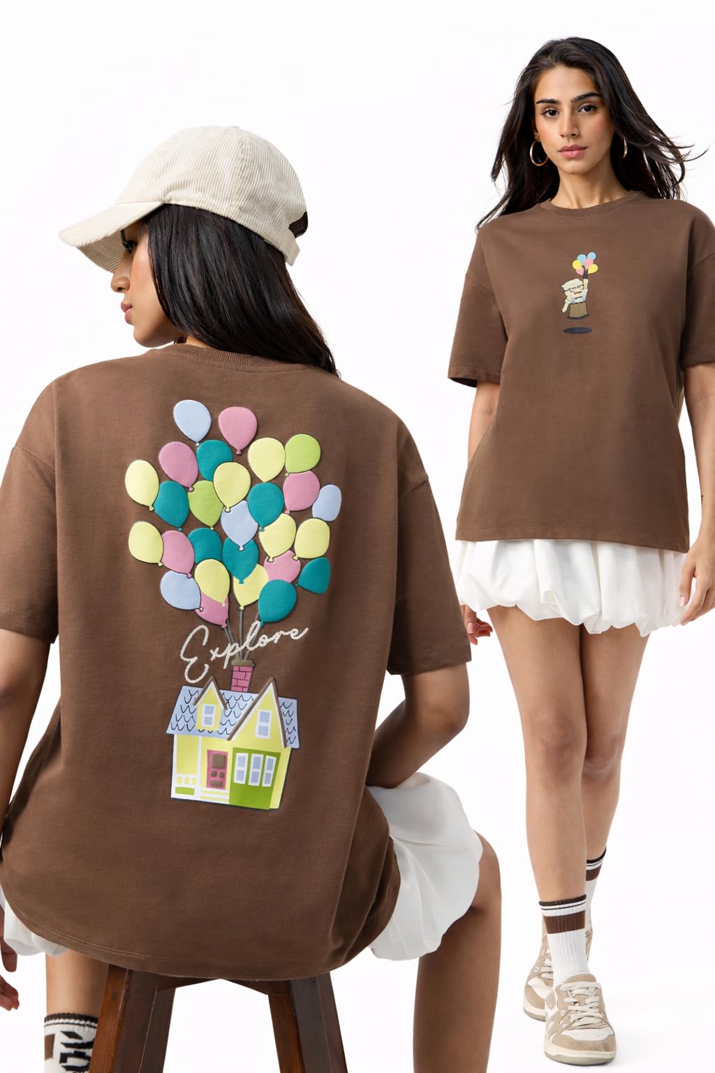 the souled store Disney: Balloon House Women and Girls Short Sleeves Round Neck Brown Graphic Printed Cotton Oversized Lightweight Everyday Streetwear T-Shirt-picture-51