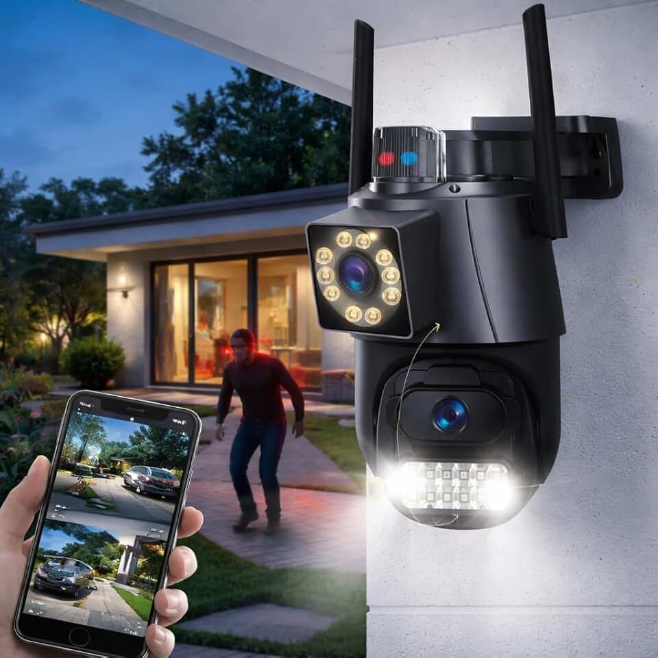 Câmera de Segurança Externa Dupla Wi-Fi 6MP com Duas Lentes, Visão Noturna, Sirene, Detecção de Movimento, Áudio Bidirecional, Rotação 355°/90° e Proteção IP66