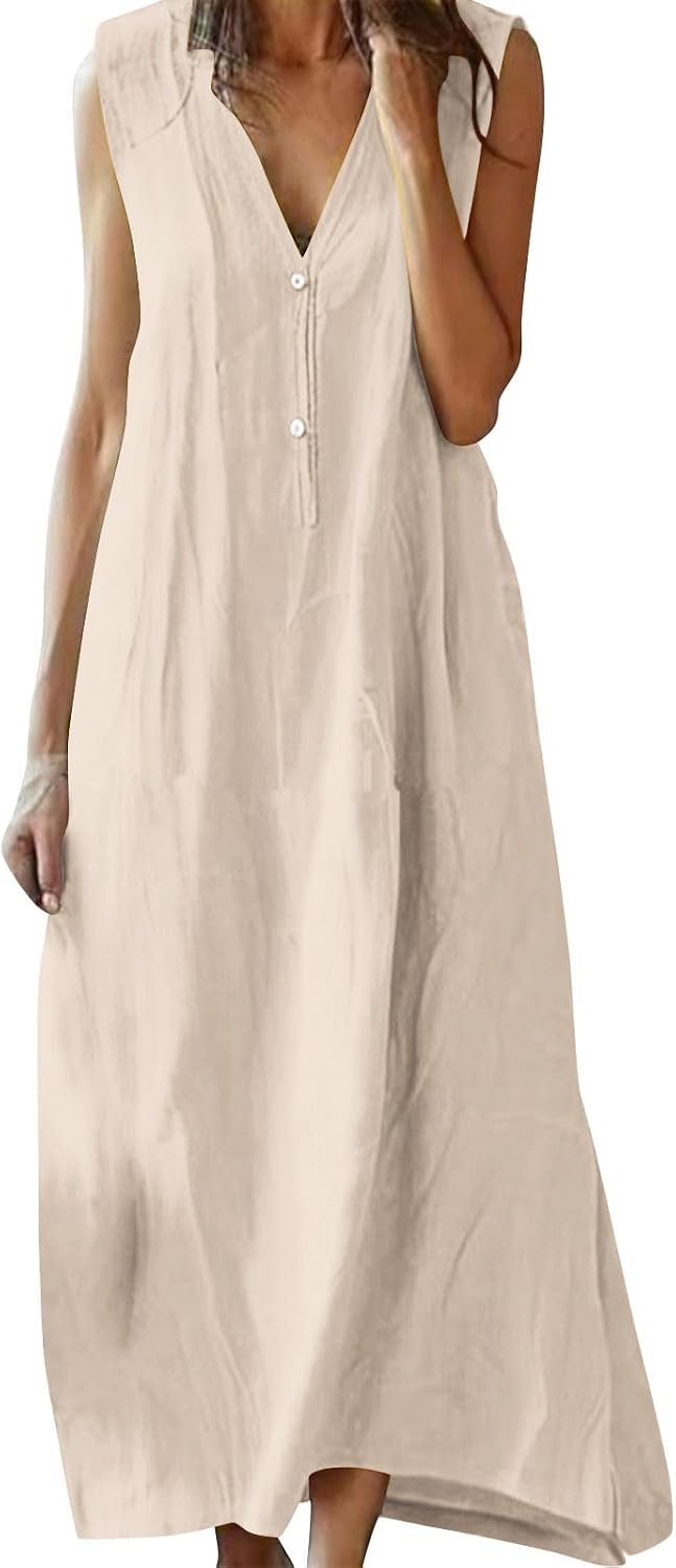 Women's Sleeveless Maxi Dress V Neck Summer Casual Flowy Beach Vacation Sundress Loose Fit Solid Color Button Tank