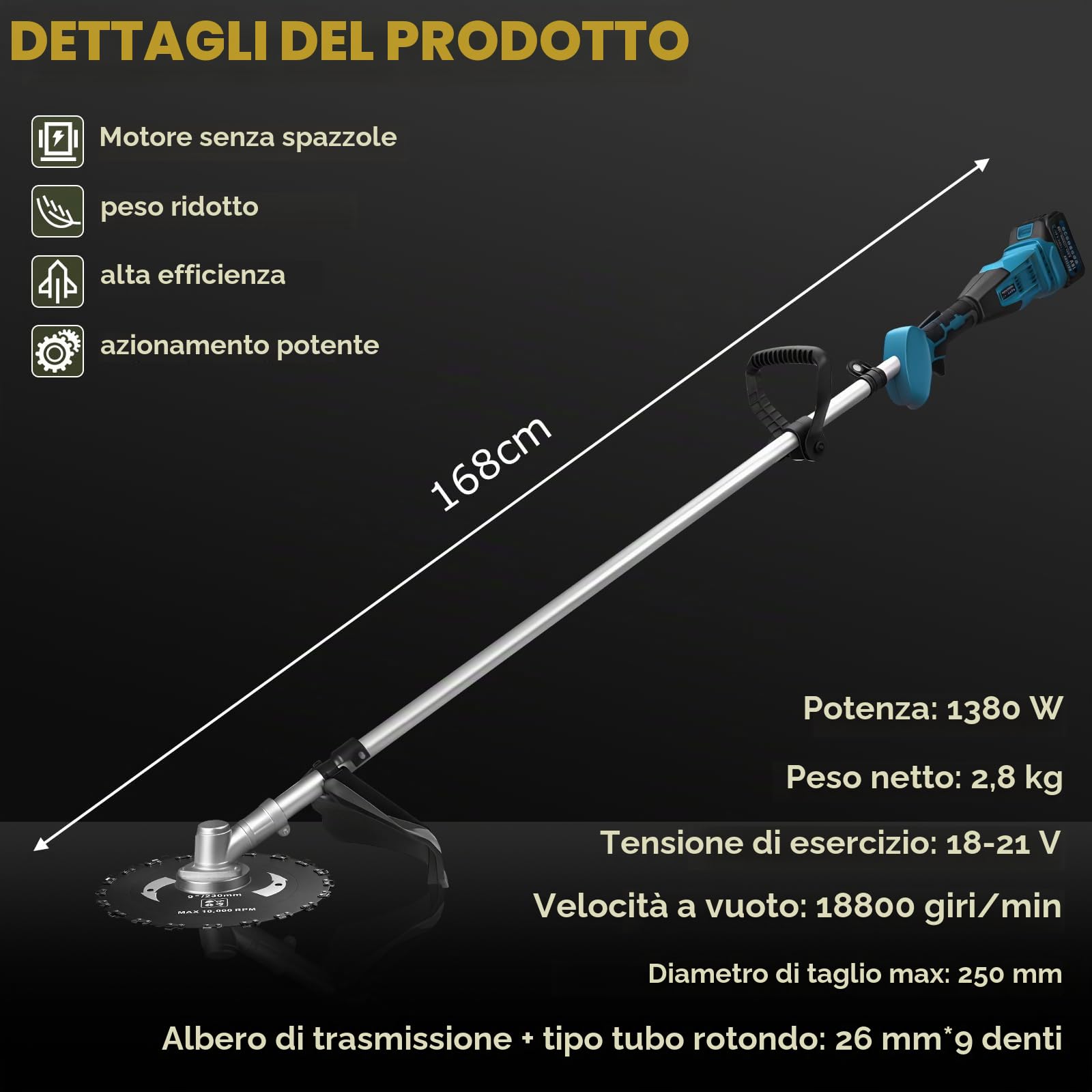 Decespugliatore a batteria da 1380 W con 2 batterie e caricatore, decespugliatore a batteria 7 in 1 con spazzola per erbacce, decespugliatore elettrico senza spazzole con 7 tipi di lame per giardini