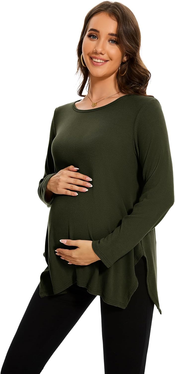 Smallshow Women's Maternity Shirts Side Split Long Sleeve Pregnancy Tops Clothes - Image 5