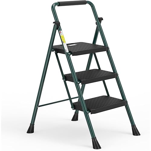 HBTower Step Ladder, Folding Step Stool with Wide Anti-Slip Pedal, Sturdy Steel Ladder, Convenient Handrail, Lightweight, Portable Steel Step Stool