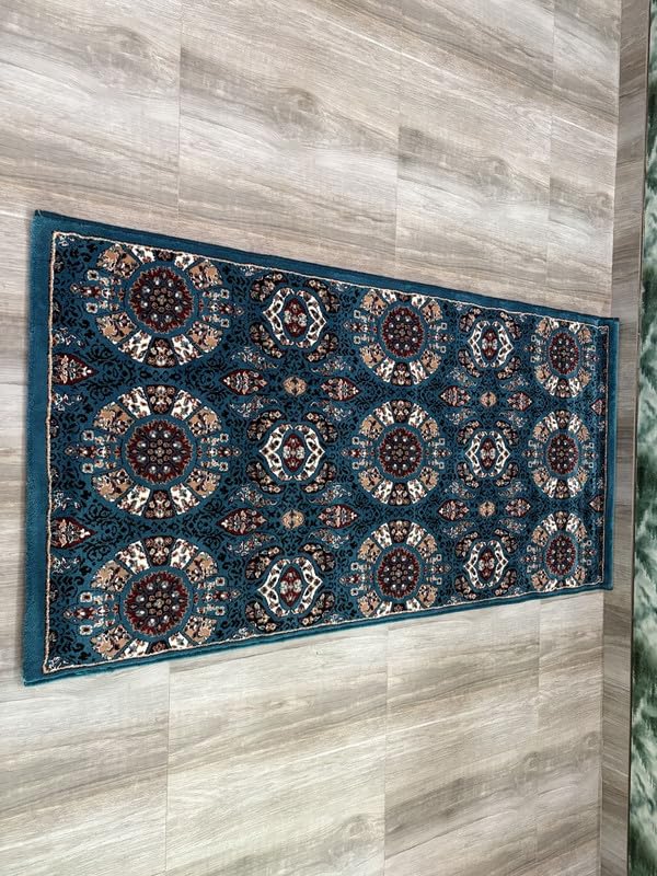 Image of Premium Runner Carpet, Vintage Medallion Pattern, Non Slip, Thick, Ideal for Bedroom, Living Room & Entryway, 3x5 Feet Teal Multi Color