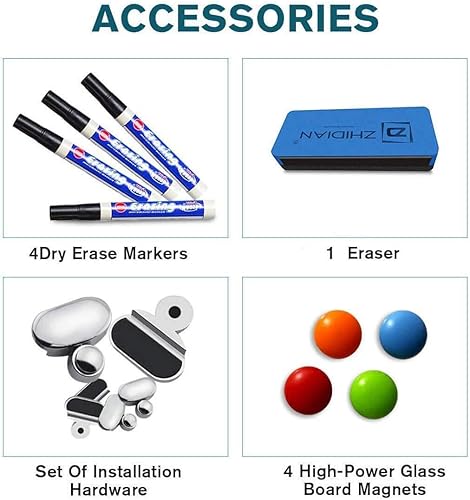 Miniatura 6 de ZHIDIAN Pizarra de borrado en seco de vidrio, pizarra magnética de vidrio templado, 4 x 3 pies, 4 marcadores, 1 borrador, blanco brillante y sin