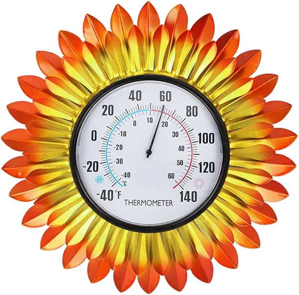 VEWOGITF Outdoor Thermometer, Metal Wall Themometer No Need Battery, Yellow Flower Indoor Thermometer with Large Number for Patio Room Decor