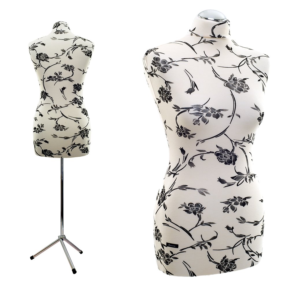 Schneiderpuppe LUCCESI | Zum Probierpreis! | Größen S - XL (Female) | Torso Size: M/L (38-40) | Wechselbezug Creme-Weiss/florales Muster (schwarz) | Metall-/Dreibein (Chrom) | Schaufensterpuppe