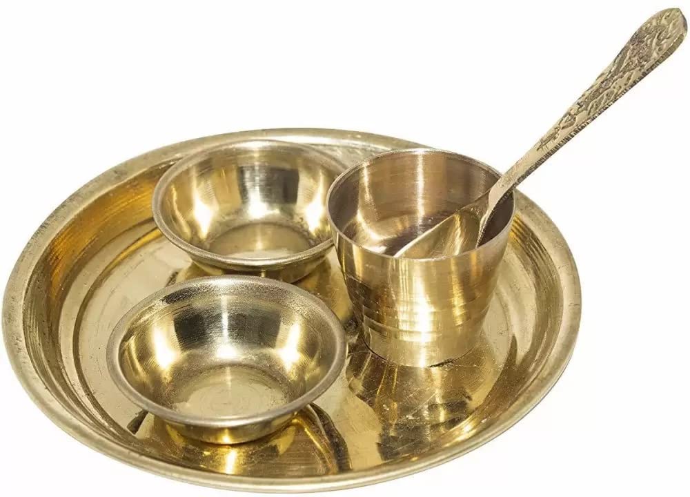 Flfwlass Golden Premium Brass Gold Plated Laddu Gopal Thakur Ji Bhojan Thaal -Krishna Bhoog Pooja Thali/Prasad Bartan Thali Set For Temple Janamashtami Pooja Plate/Utensils 4 Inch (Set Of 5 Pcs),