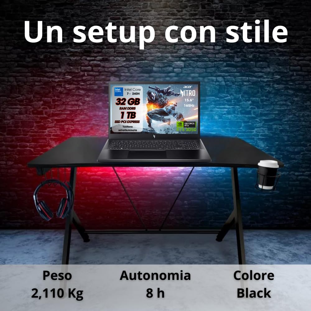 Acer Nitro V15 Pc Gaming, Notebook Gaming Cpu Intel Core 7 240H, 32GB RAM DDR5, SSD 1TB, Display 15,6" FHD IPS 165 Hz, NVIDIA GeForce RTX 3050 (6 GB GDDR6), Tastiera Retroilluminata, Pc Portatile