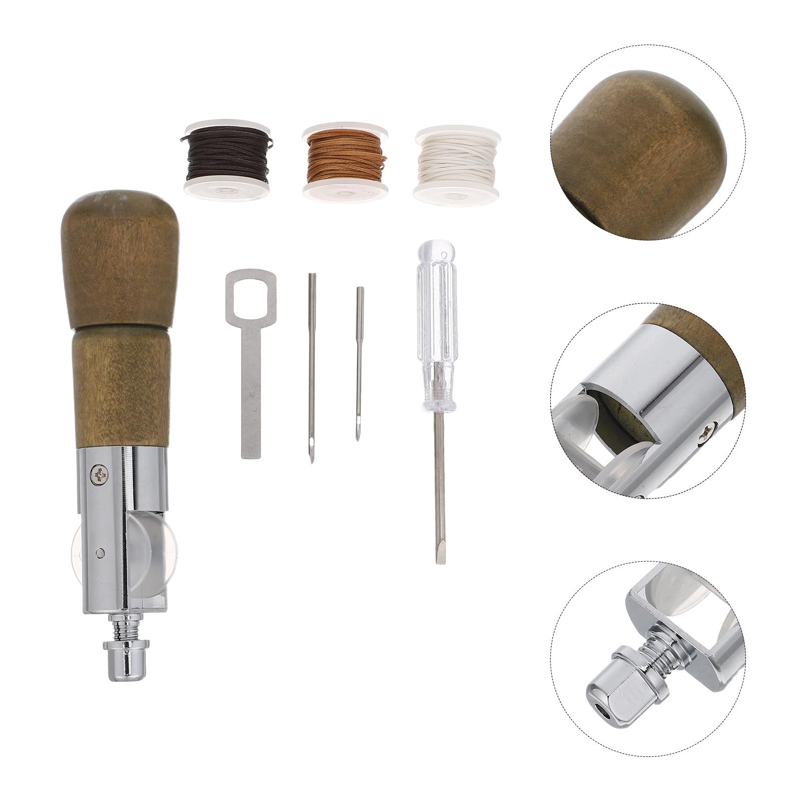 Healeved Kit Punteruolo per Cucire in Pelle con Manico in Legno e Filo Cerato, Utensile Professionale per Riparazioni e Artigianato, per Studi e Uso Domestico