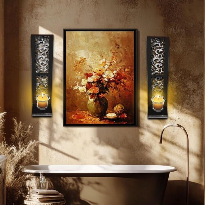 Metal Wall Candle Sconce Holder Set of 2, Antique Sconces Hanging with Tea Light Candle Holder for Living Room Dining Room Bedroom, Home Wall Decorations, 14.2 x 3.5 Inch