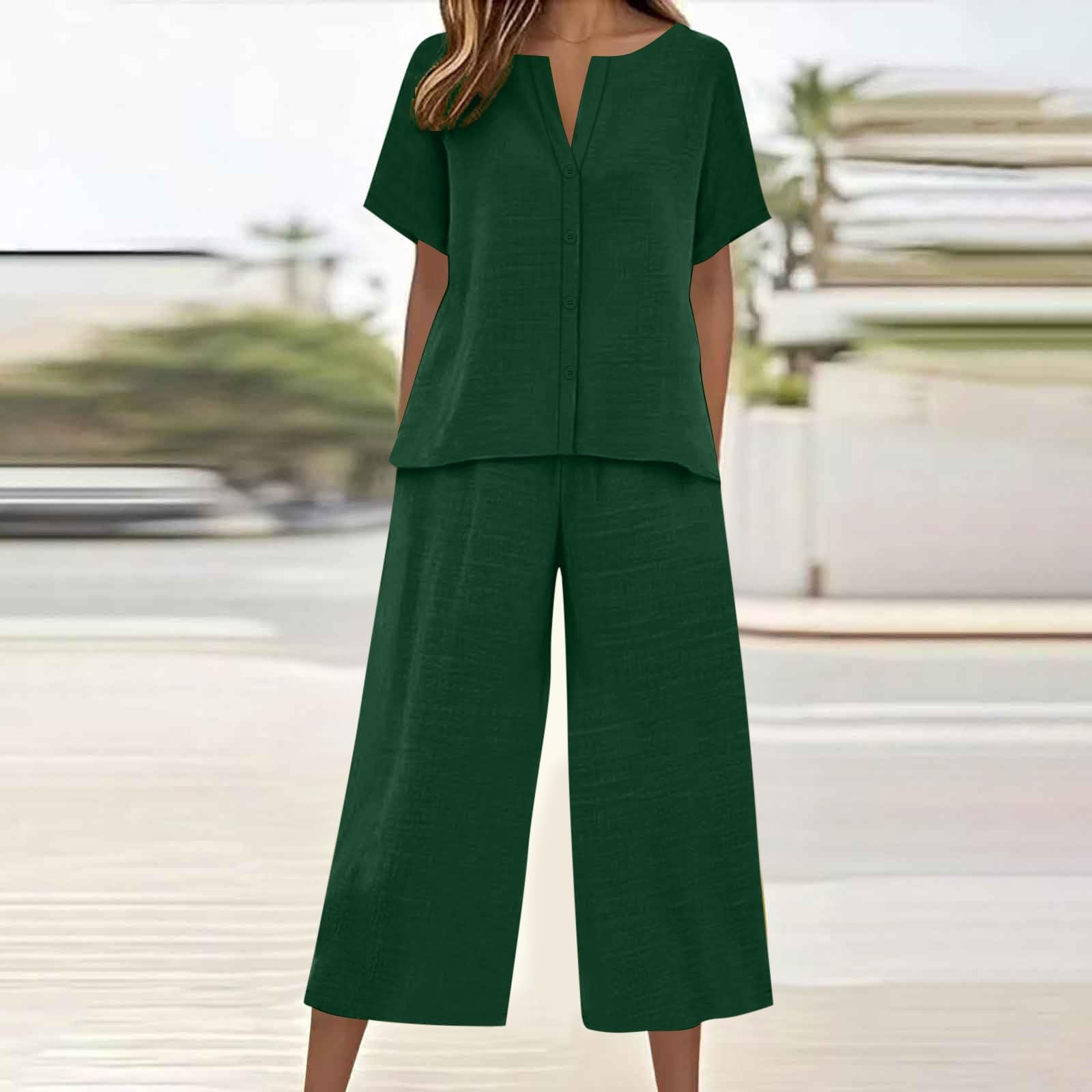 riou Chándal Mujer Completo Verano Original Moda Algodon Y Lino Conjunto Chandal Completo Blusa Manga 3/4 Pantalones Transpirable Vacaciones Deportivo Casa Trabajo M-3xl