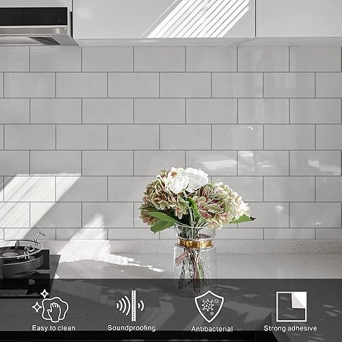 Miniatura 3 de COLAMO 10 hojas de lujo para despegar y pegar, azulejos autoadhesivos de cerámica sintética brillante de 12 x 12 pulgadas, blanco puro para cocina,