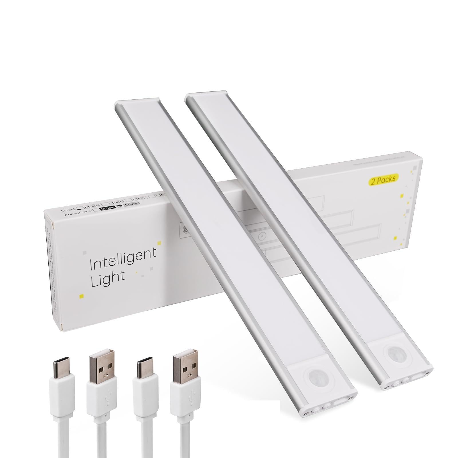 Under Cabinet Lighting, Motion Sensor 54 LED Under Cabinet Lights, 2Pack Rechargeable, 12inch 3 Colors Dimmable Closet Lights Under Counter Lights for for Kitchen, Shelf, Stair, Hallway