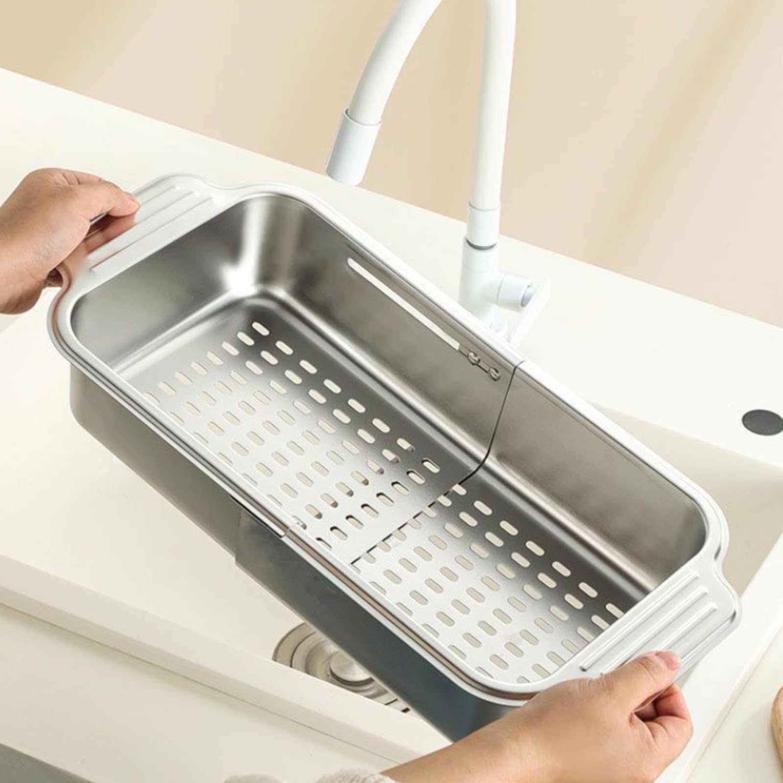 Cestino Drenante da Lavello in Acciaio Inox Regolabile Scolapiatti Rettangolare in Acciaio Inox Robusto Colino per Preparazione Cibi, L