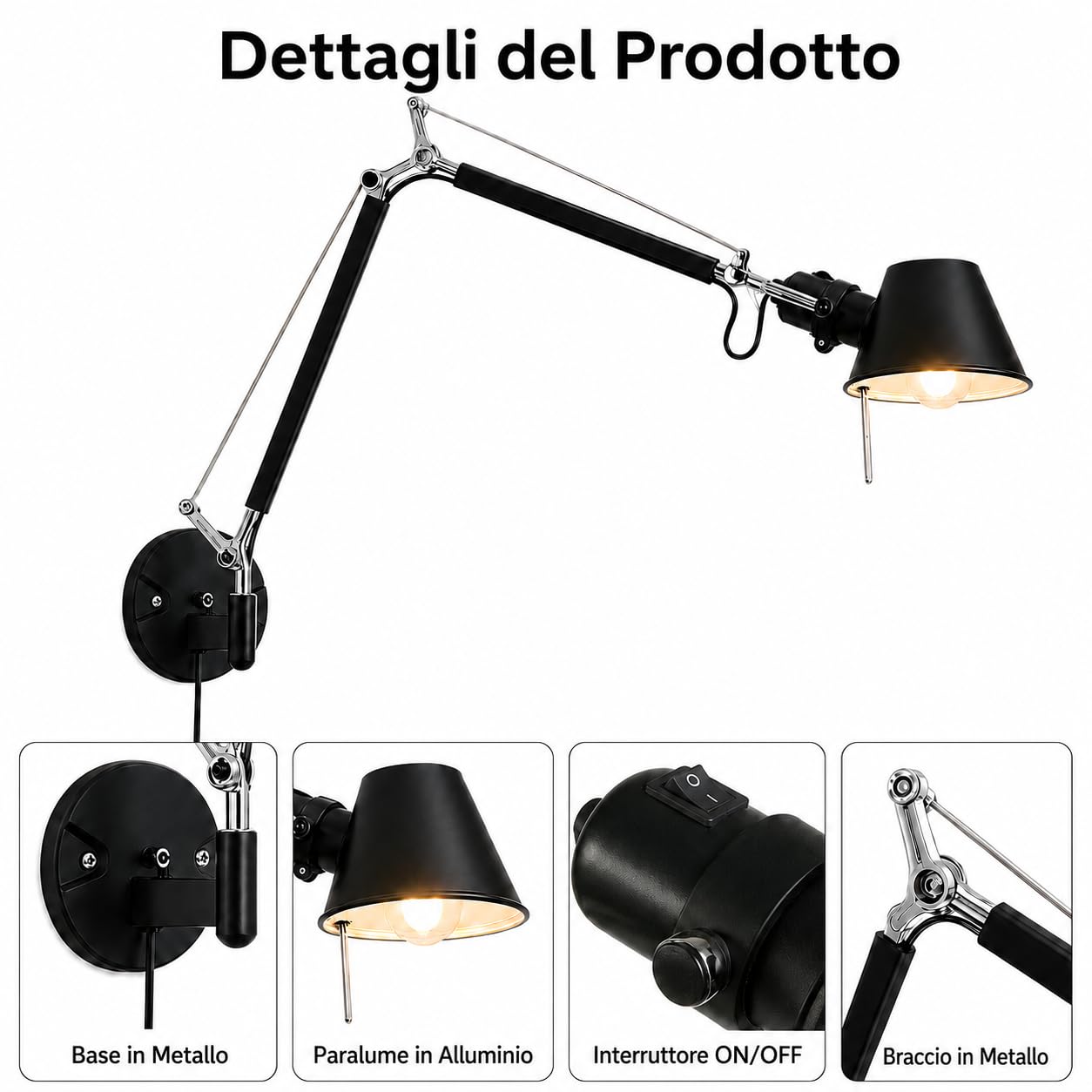 Applique da Parete con Braccio Orientabile, Lampada da Parete Industriale Plug in con Braccio Regolabile, Lampada da Lettura da Parete per Soggiorno, Camera da Letto, Studio e Ufficio