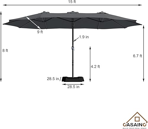 Miniatura 9 de CASAINC Sombrilla de patio de 15 pies con base de doble cara para exteriores, sombrilla rectangular doble con manivela, para jardín, terraza,