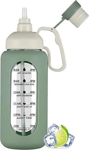 Miniatura 8 de MUKOKO Botellas de agua de vidrio de 64 onzas con popote, botella de agua de medio galón con marcador de tiempo, botella de agua motivacional con