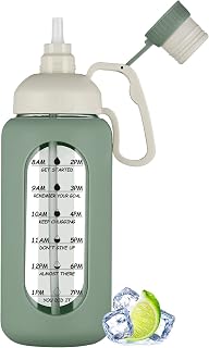 MUKOKO 64oz Glass Water Bottles with Straw, Half Gallon Water Jug with Time Marker, Sports Large Motivational Bottle with Silicone Sleeve, Olive
