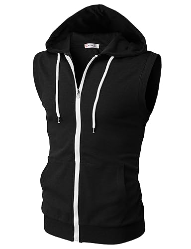 H2H Mens Casual Slim Fit Zip-up Sleeveless Hoodie Lightweight Workout Tank Tops Gym Hoodies - Cmohosl08-black - 3X-Large