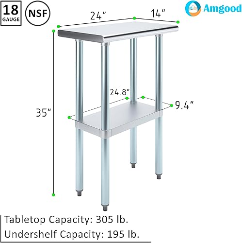 Vista 476 de AmGood Mesa de trabajo de acero inoxidable de 18 pulgadas x 36 pulgadas Mesa de preparación de alimentos de cocina de metal NSF