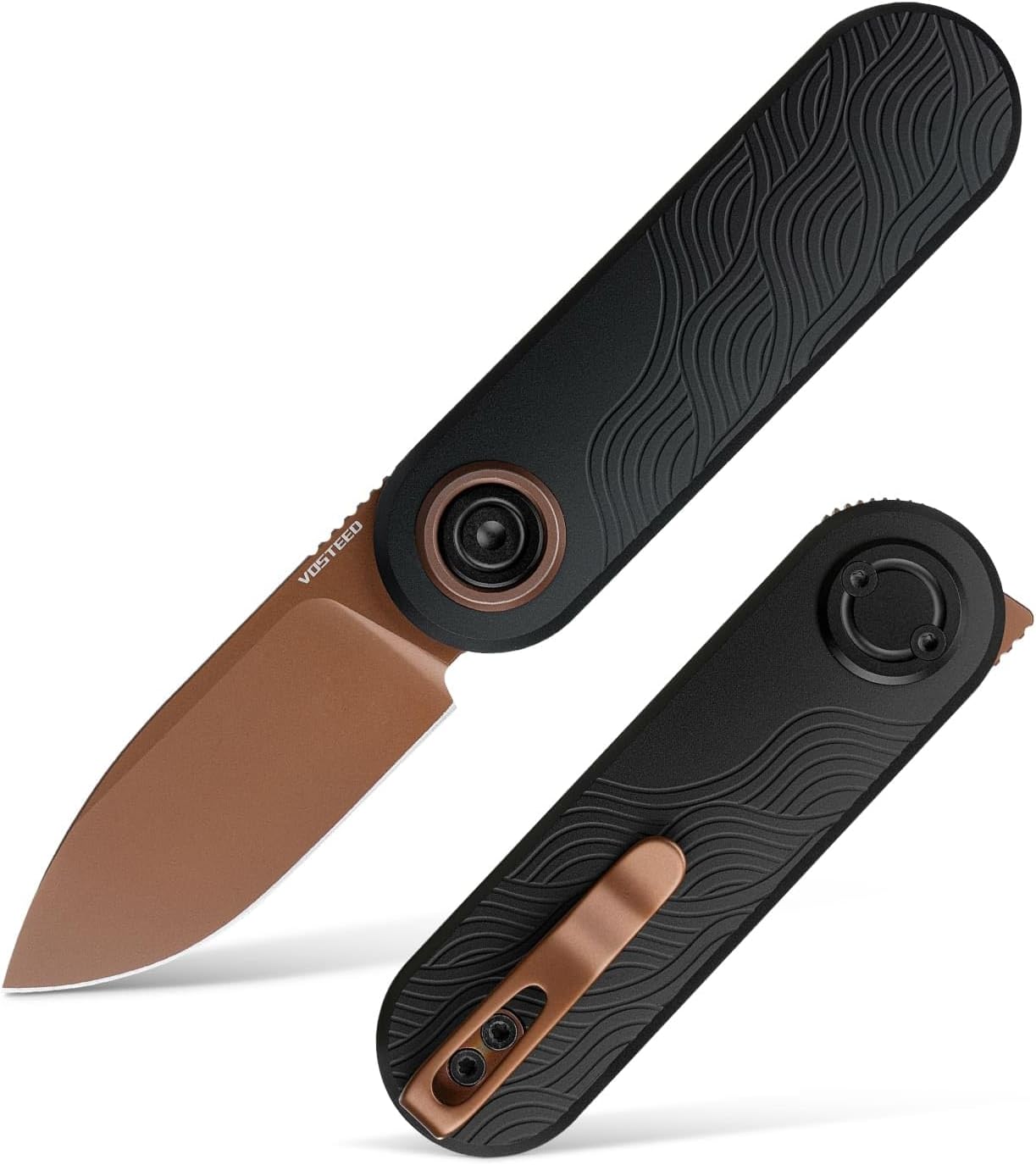 Vosteed Corgi V EDC Pocket Knife - 2.36" 14C28N Copper Dune Blade - Patented Vanchor Lock, Black Aluminum Handle - Camping, Hiking Knives - A3722