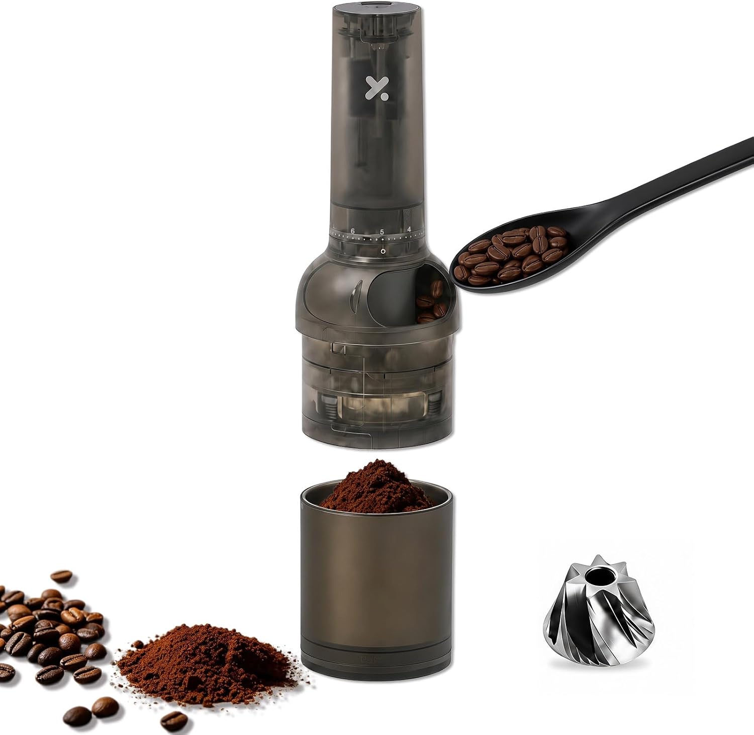 Portable Electric Coffee Grinder, 45 Settings Stainless Steel Conical Burr Grinder with USB-C Rechargeable Battery, Built-in Bean Chamber,Viewing Window, 20-80g Grounds Container(Smoke Gray)