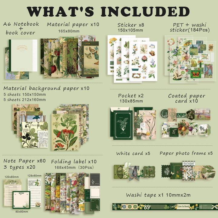 Image of Vintage Aesthetic Paper Scrapbook Kit(346Pcs) Scrapbooking Supplies Kit With Bullet Junk Journal,Stationery,A6 Grid Notebook Journaling Gift For Girl ,Multicolor