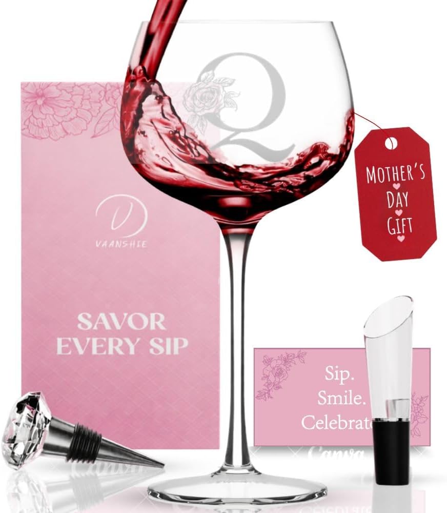 Personalized 16 oz Wine Glass for Women, Custom Monogram Initial Q, Engraved Wine Glass Gift for Her, Mothers Day Gifts for Mom, Grandma, Wife