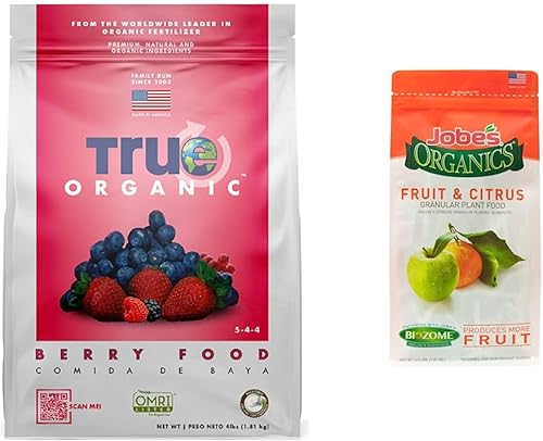 True Organic - Alimento para plantas de bayas y frutas 4 libras - CDFA, OMRI, para jardinería orgánica y Jobe's Organics 09226NA Granular Plant Food