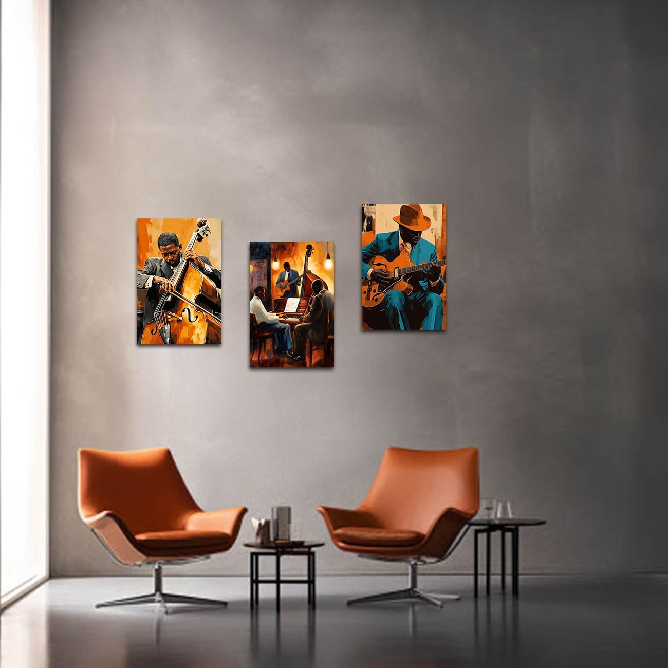 LZIMU Jazz Wall Art Abstract Black Music Picture African American Music Canvas Prints Vintage Jazz Band Painting for Musical Club Classroom Decor Framed (Orange, 16.00" x 24.00" x 3PCS)