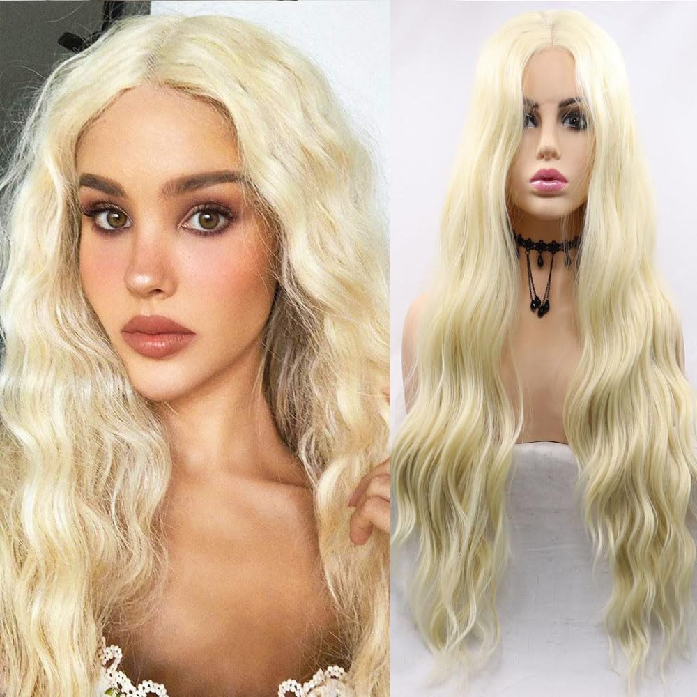 Xiweiya Long Blonde Wavy Wig #613 Blonde Color Curly Golden Synthetic Lace Front Wigs Middle Part Wig Long Soft Wavy Wig Hair Replacement Wig for Women Drag Queen Makeup 24 inch