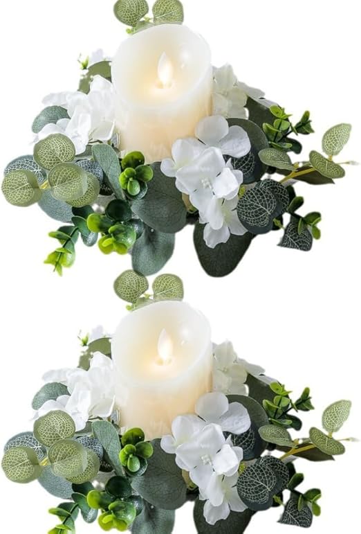 2 Pack Artificial Eucalyptus Leaves Wreaths Candle Rings with Hydrangea 3 Inch Center Small Boho Wreath Pillar Candle Holder for Summer Wedding Home Door Tabletop Decoration (White-2pcs)
