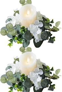 2 Pack Artificial Eucalyptus Leaves Wreaths Candle Rings with Hydrangea 3 Inch Center Small Boho Wreath Pillar Candle Holder for Summer Wedding Home Door Tabletop Decoration (White-2pcs)
