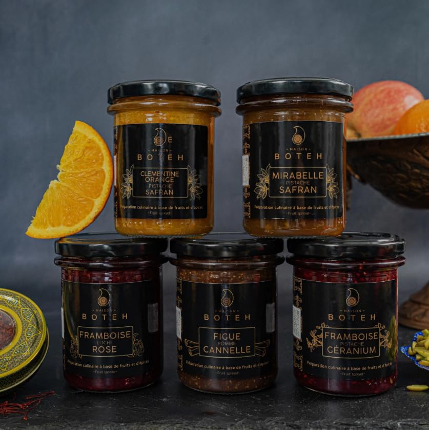 Maison Boteh, Coffret de 5 Confitures Artisanales, Framboise Litchi, Framboise Géranium, Figue Pomme, Mirabelle, Orange Clémentine, 225-235g