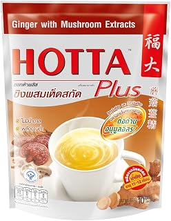 HOTTA Plus Instant Ginger Drink With Mushroom Extracts Soothes Sore Throat Caffeine Free Hot or Cold Tea High Vitamin C & E Real Asian Ginger, 10 Sachets