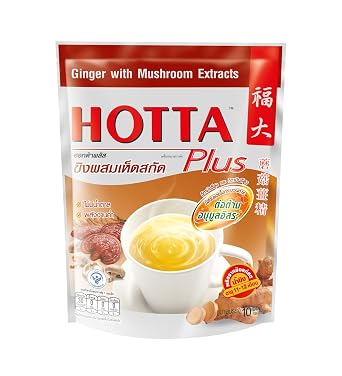 HOTTA Plus Instant Ginger Drink With Mushroom Extracts Soothes Sore Throat Caffeine Free Hot or Cold Tea High Vitamin C & E Real Asian Ginger, 10 Sachets