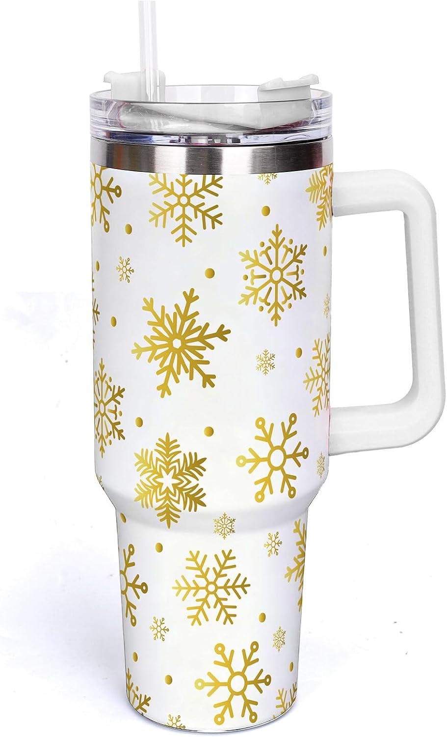 Whaline 40oz Christmas Tumbler with Handle Straw and Lid White Gold Snowflake Travel Tumbler Coffee Cup for Xmas Winter Holiday Party Home Office