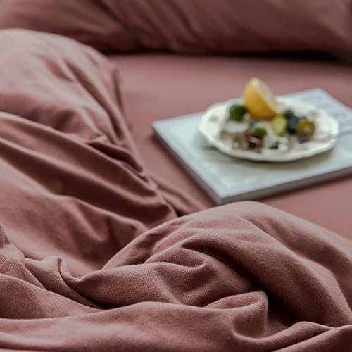 Miniatura 8 de AMWAN - Juego de funda de edredón de color rojo ladrillo, tamaño King, de algodón de punto, estilo simple, colección de ropa de cama de color rojo